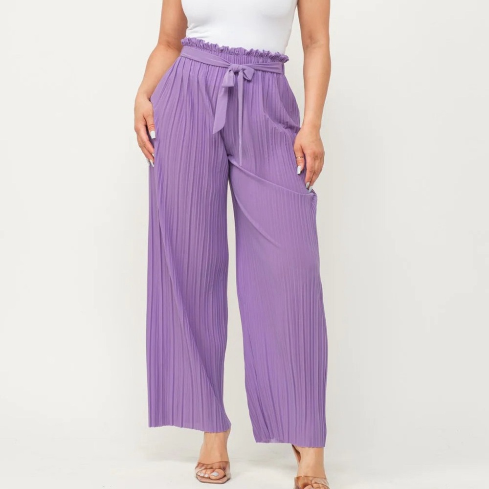 Purple pleated tie front pants